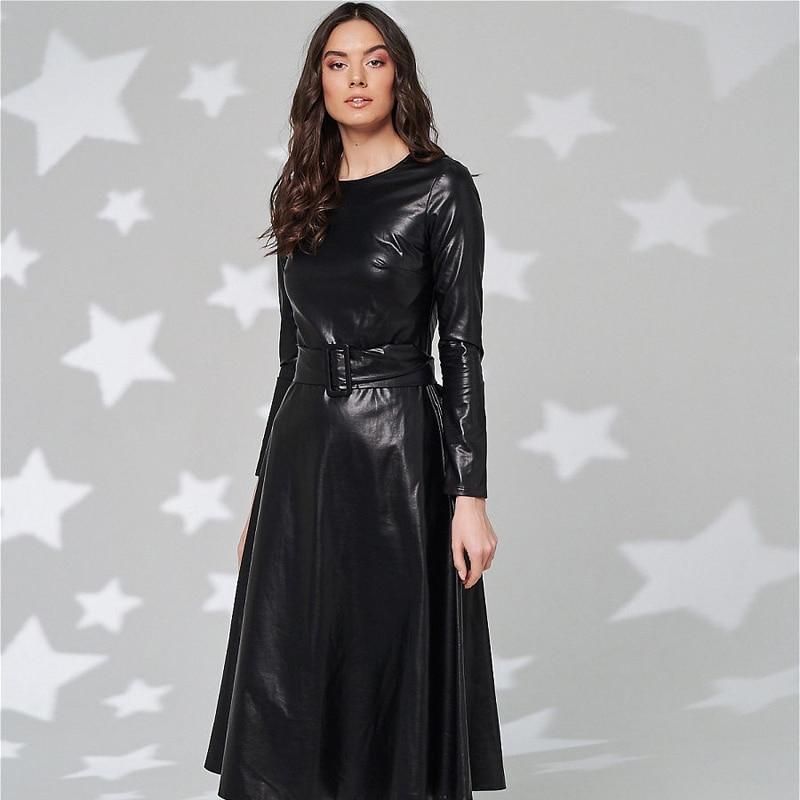 Fit Flare PU Leather Pocket Midi Dress
