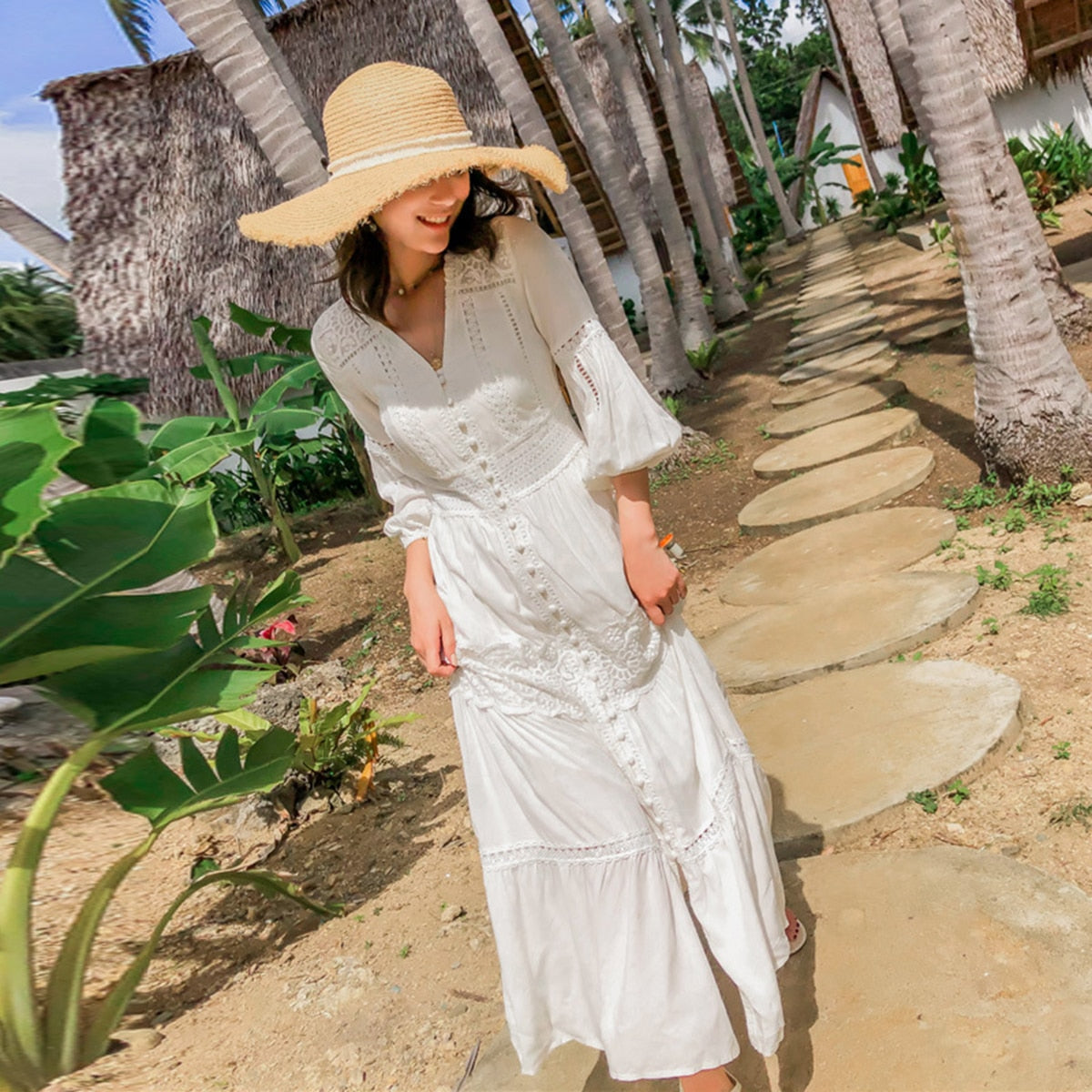 Cotton Patchwork Lace Lantern Sleeve Maxi Dress