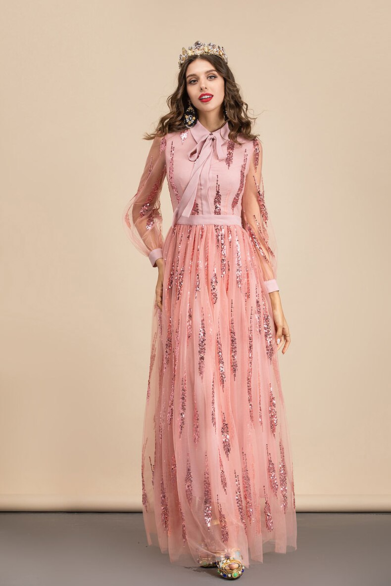 Sequin Patchwork Long Sleeve Party Maxi Dress