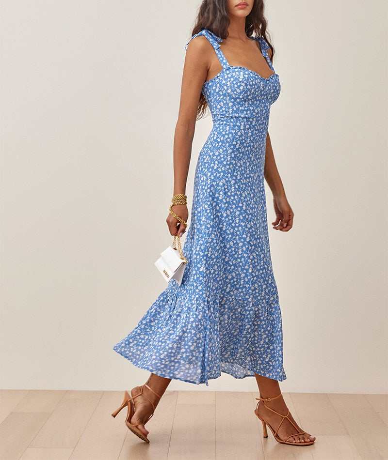 Ruffled Floral Chiffon Tie Neck Midi Dress