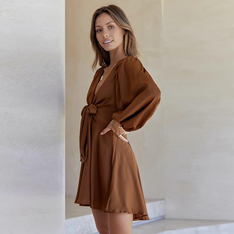V Neck Lantern Sleeve Summer Elegant Mini Dress