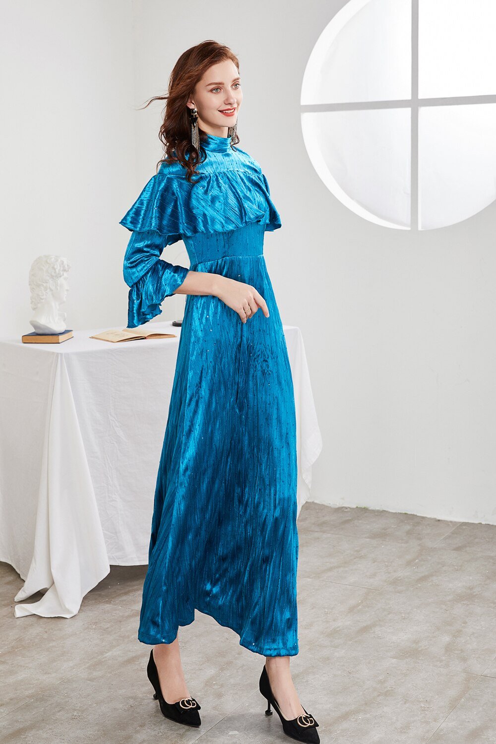 Beaded Ruffle Long Sleeve Maxi Party Dress