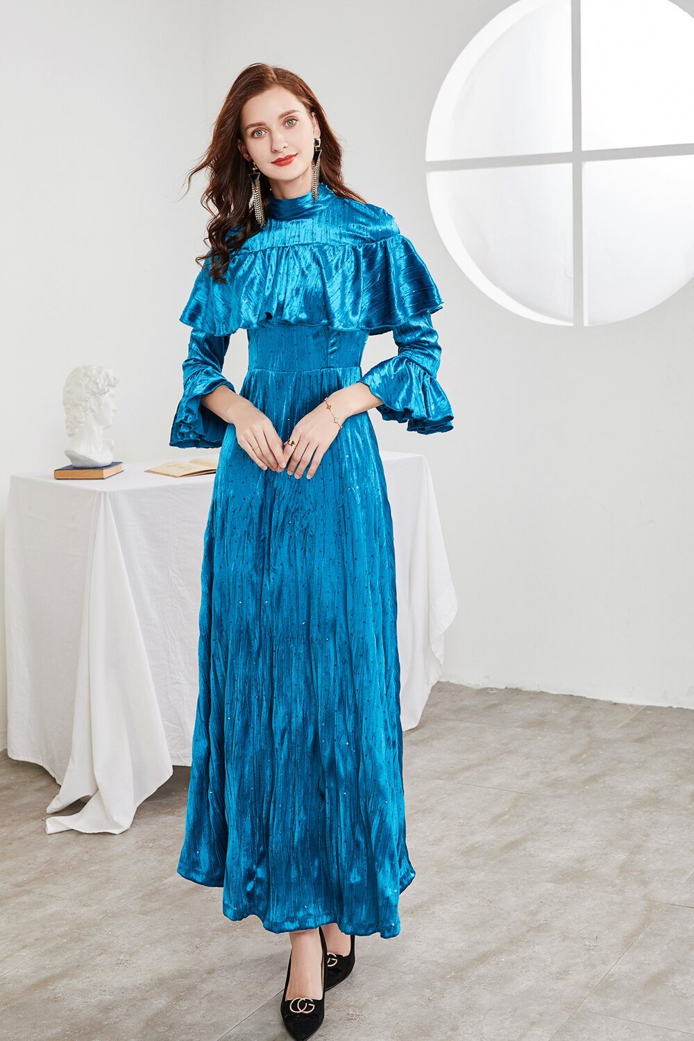 Beaded Ruffle Long Sleeve Maxi Party Dress