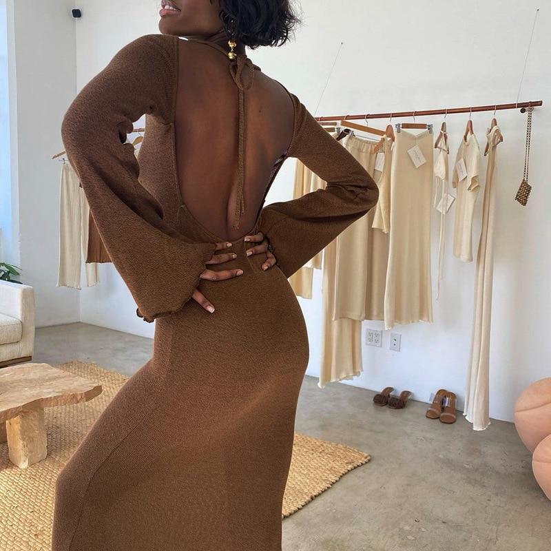 Knitted Open Back Flared Sleeve Maxi Dress