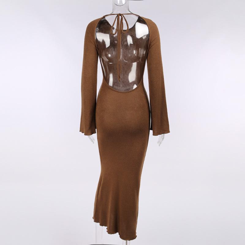 Knitted Open Back Flared Sleeve Maxi Dress