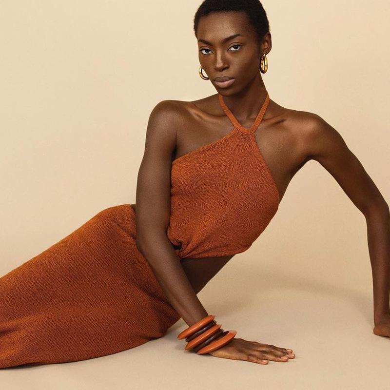 Knitted Halter Vacation Style Maxi Dress