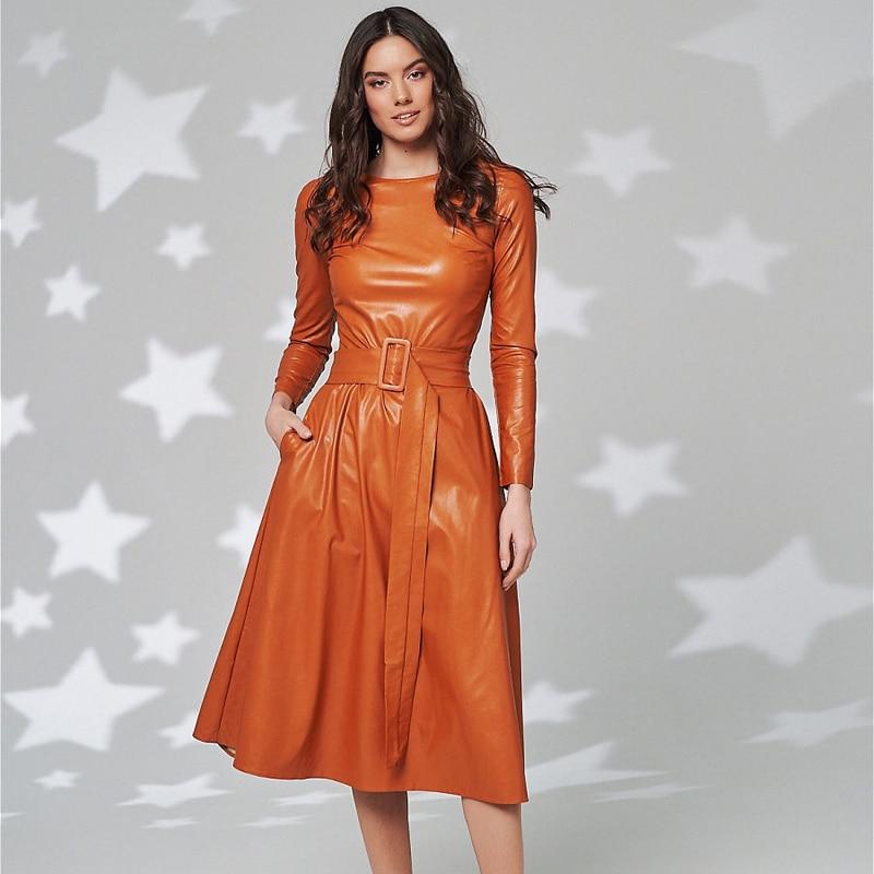Fit Flare PU Leather Pocket Midi Dress