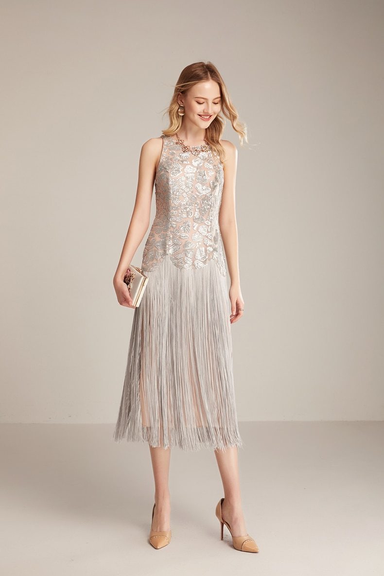 Sleeveless Tassel Sequin Chic Mid Calf Party Dress