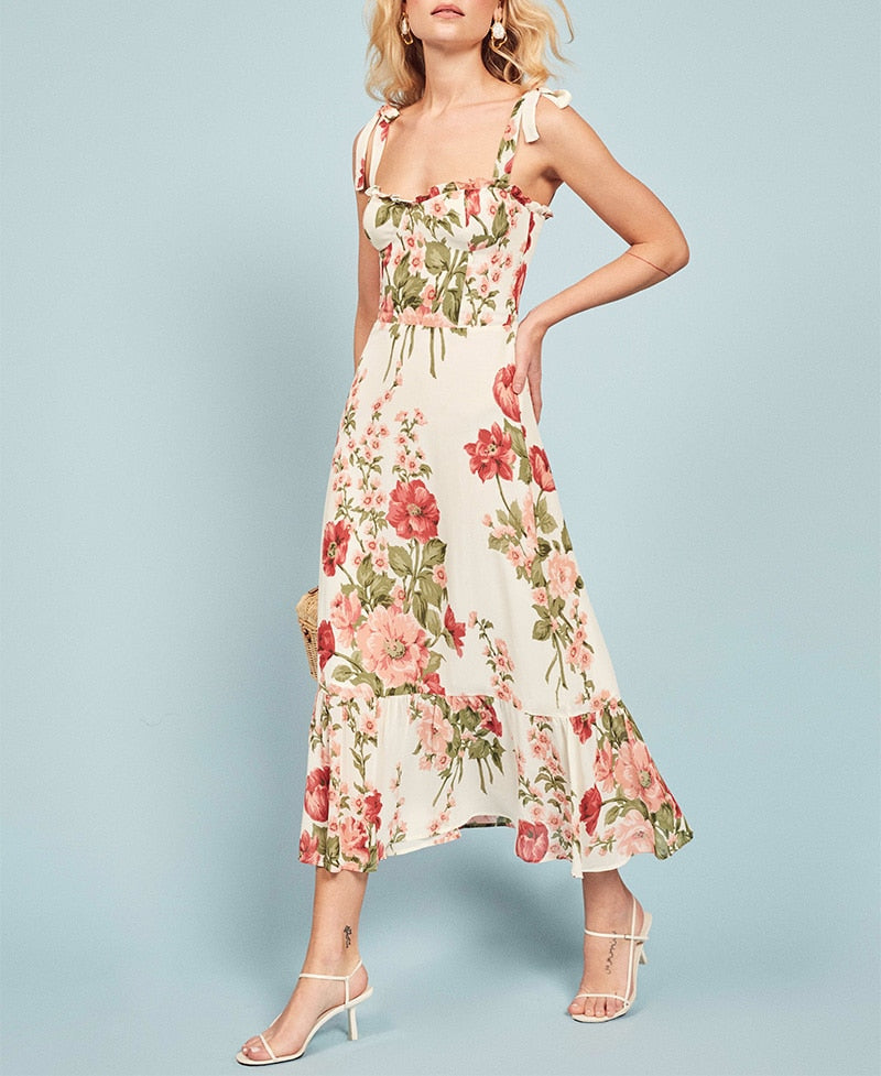 Vintage Chiffon Sweetheart Strap Midi Dress