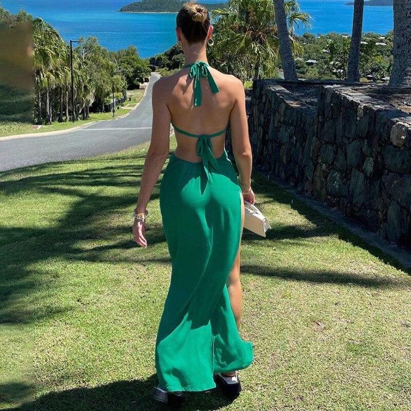 Open Back Halter Split Sexy Maxi Dress