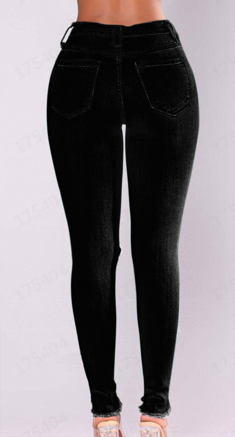 Stretch Cotton High Waist Hole Slim Jean