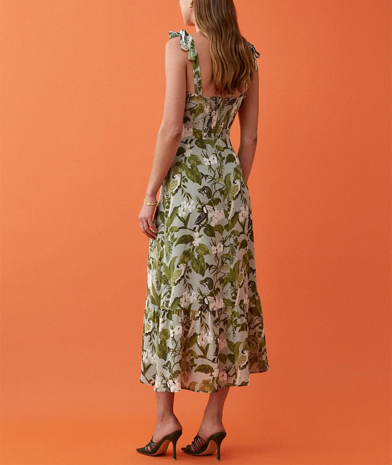 Ruffled Beach Sweetheart Tie Strap Midi Dress
