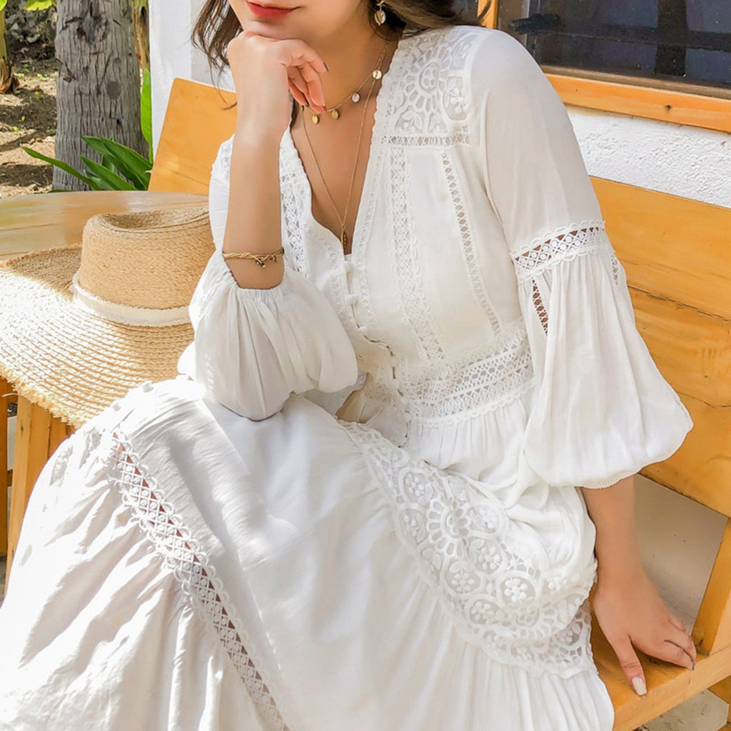 Cotton Patchwork Lace Lantern Sleeve Maxi Dress