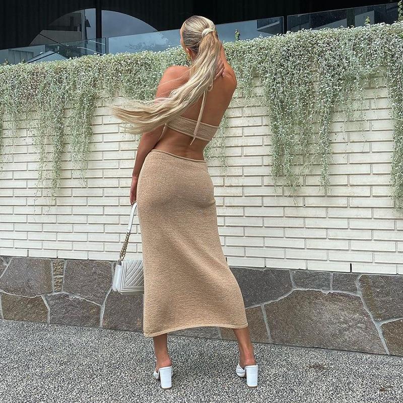 Knitted Halter Vacation Style Maxi Dress