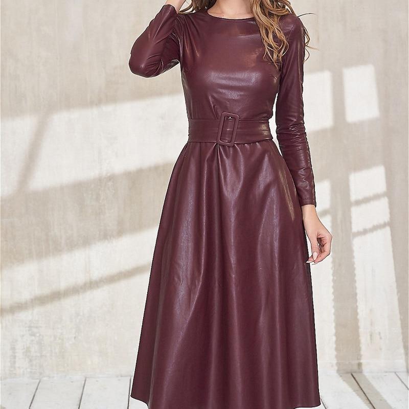 Fit Flare PU Leather Pocket Midi Dress