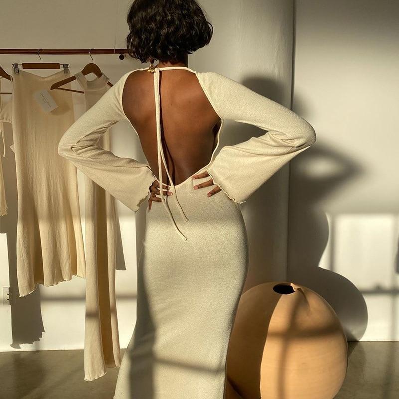 Knitted Open Back Flared Sleeve Maxi Dress