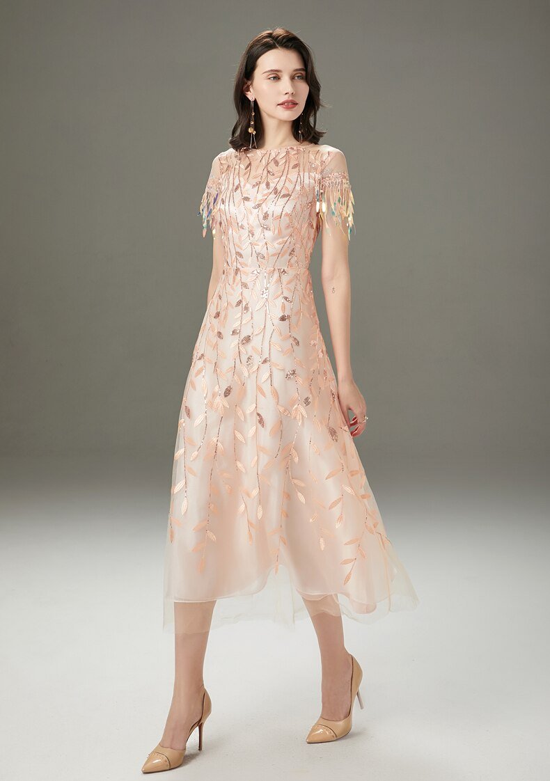 Embroidery Beaded Layered Mid-Calf Party Dress