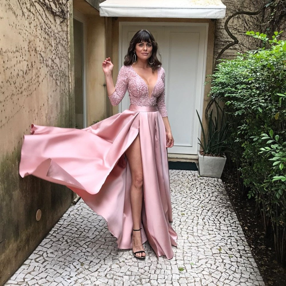 Solid V-Neck Party Long Sleeve Maxi Dress