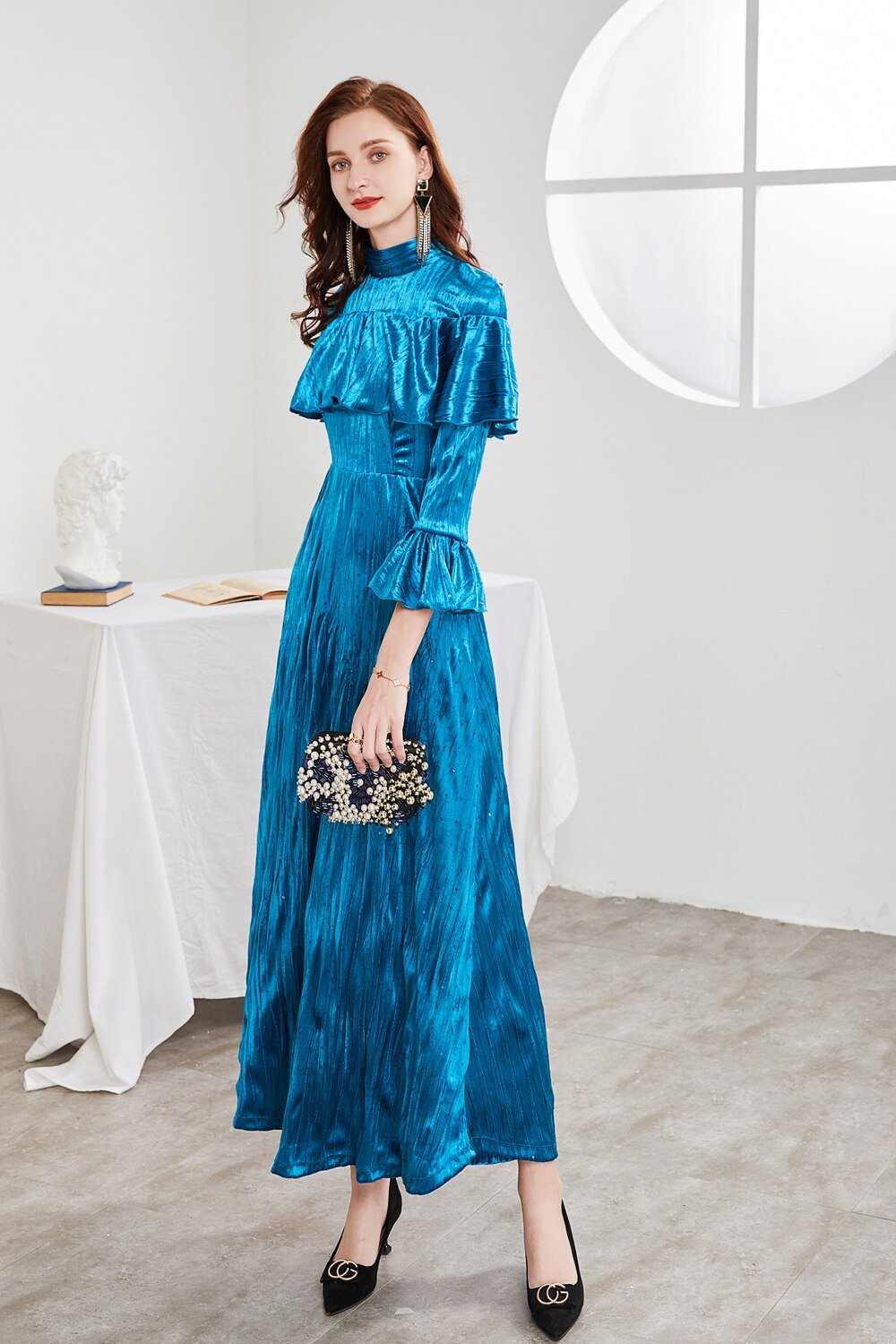 Beaded Ruffle Long Sleeve Maxi Party Dress