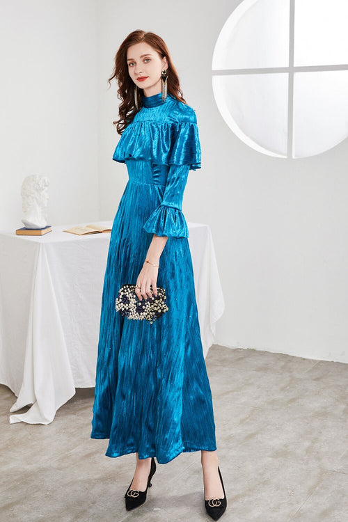 Beaded Ruffle Long Sleeve Maxi Party Dress