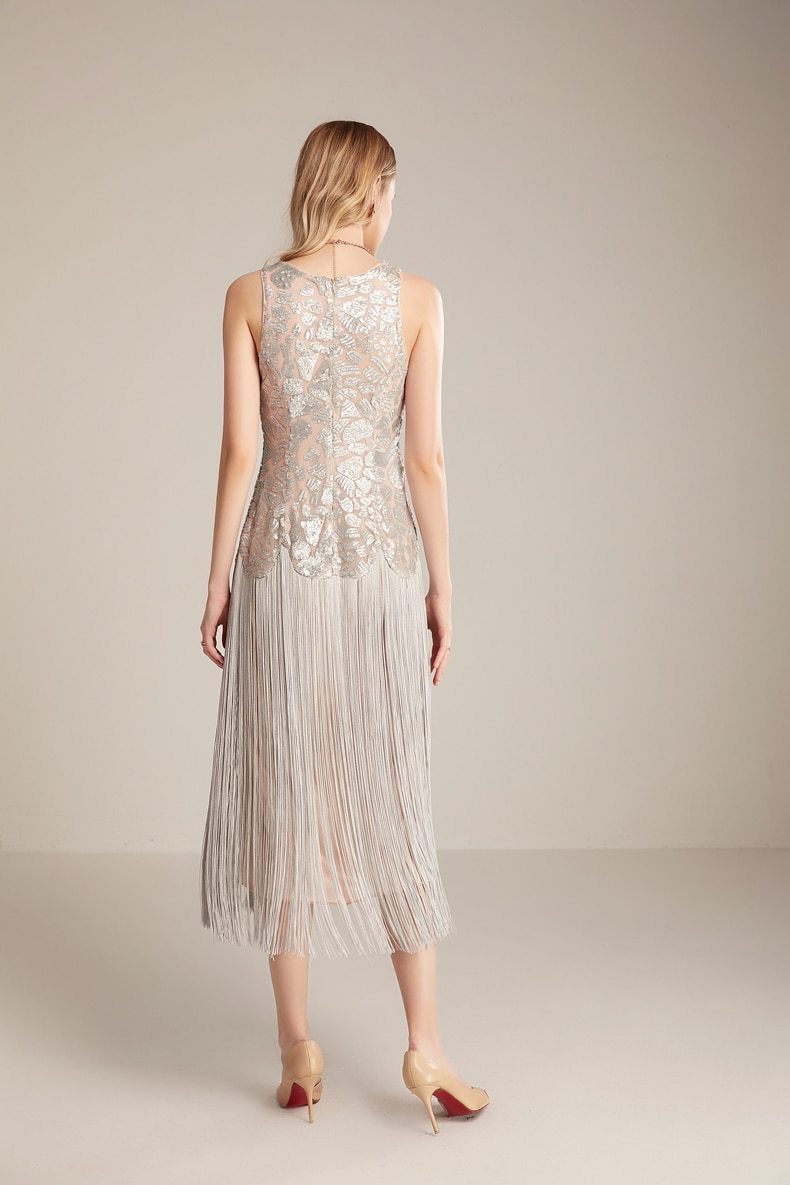 Sleeveless Tassel Sequin Chic Mid Calf Party Dress