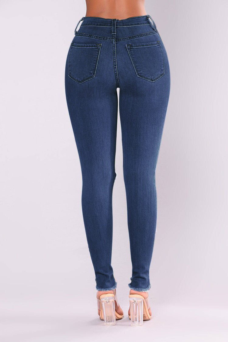 Stretch Cotton High Waist Hole Slim Jean
