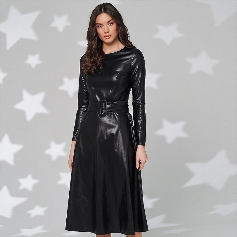 Fit Flare PU Leather Pocket Midi Dress