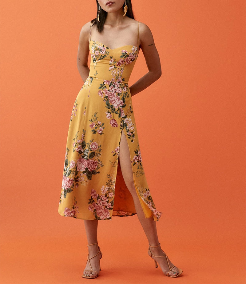 Vintage Spaghetti Strap Side Slit Midi Dress