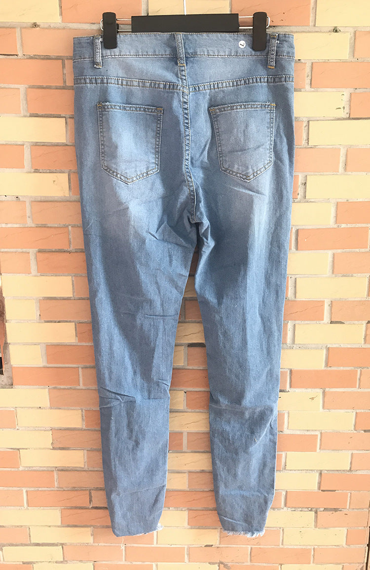 Stretch Cotton High Waist Hole Slim Jean