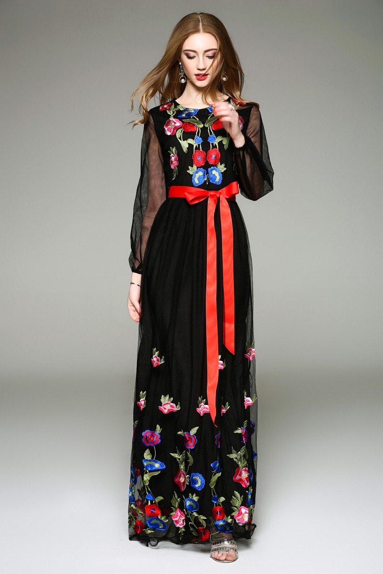 Floral Embroidered Belted Long Maxi Dress
