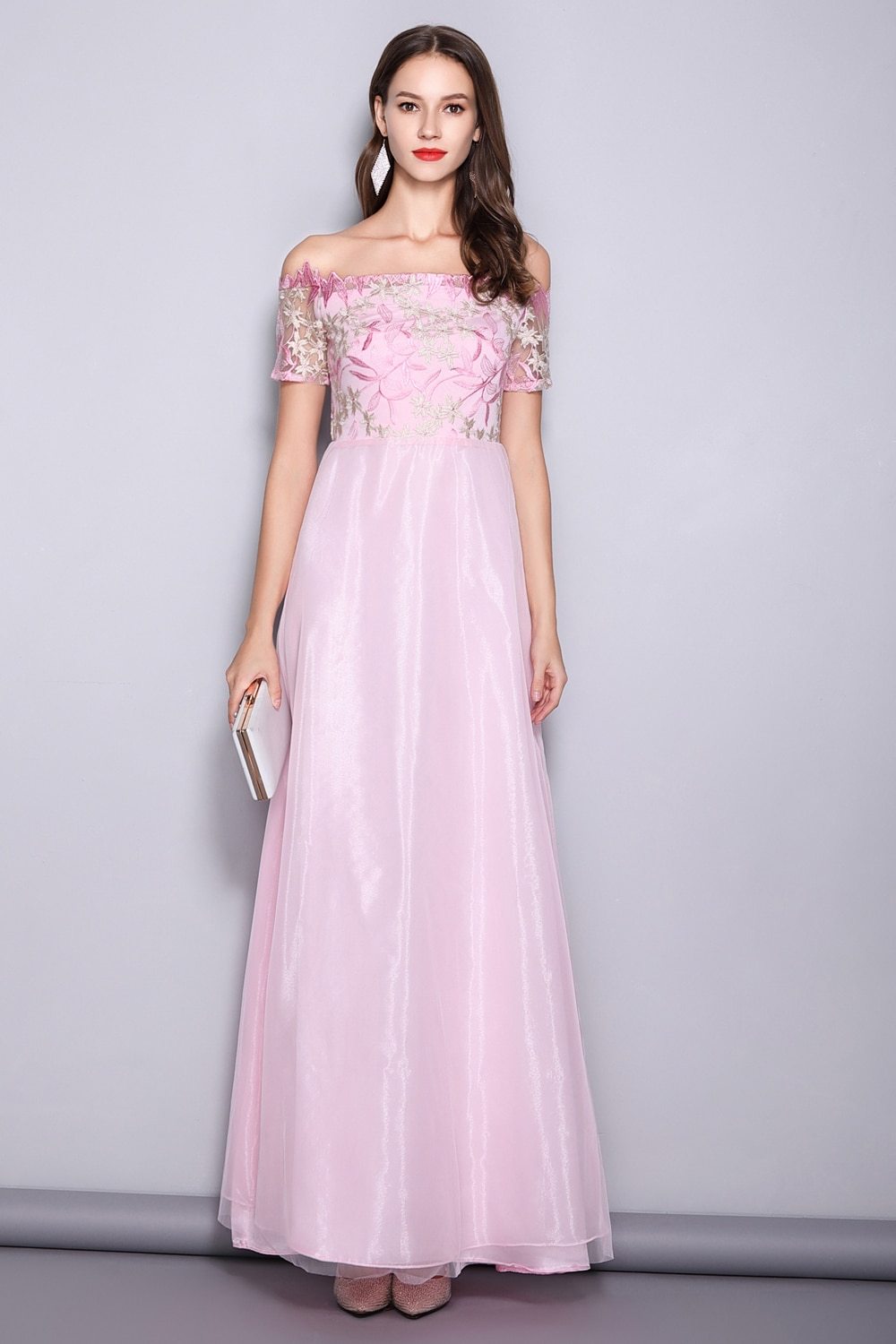 Slash Neck Embroidered Patchwork Elegant Party Dress