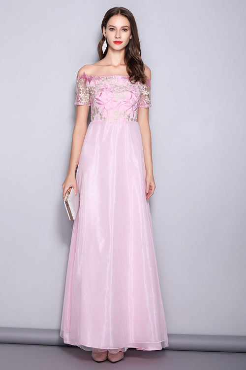 Slash Neck Embroidered Patchwork Elegant Party Dress