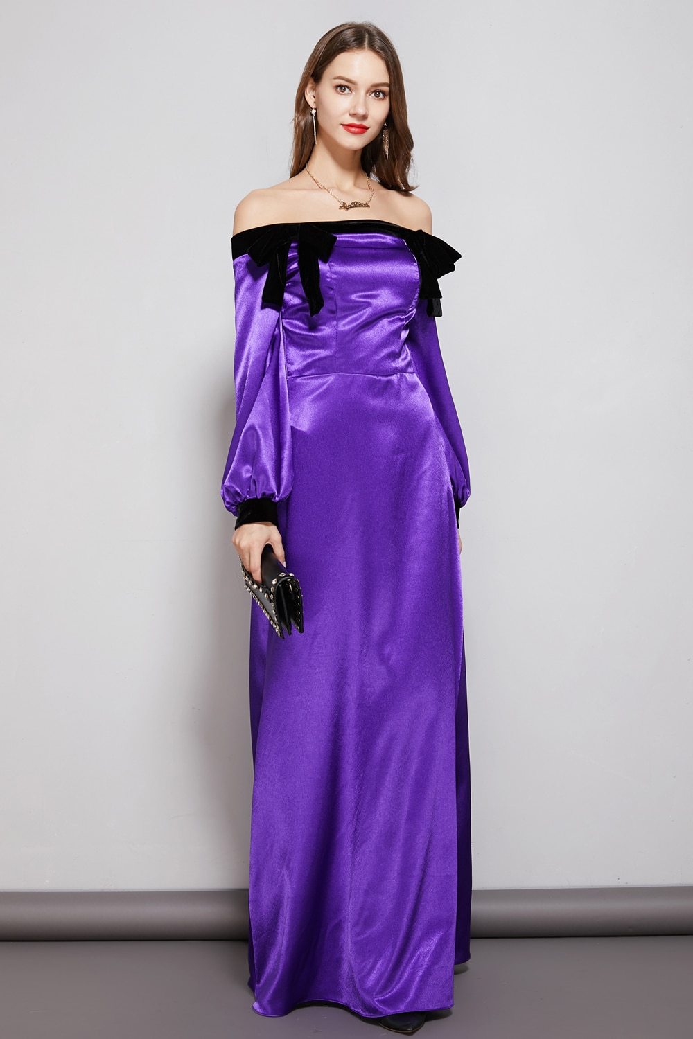 Bow Detail Long Sleeve Graceful Maxi Party Dress