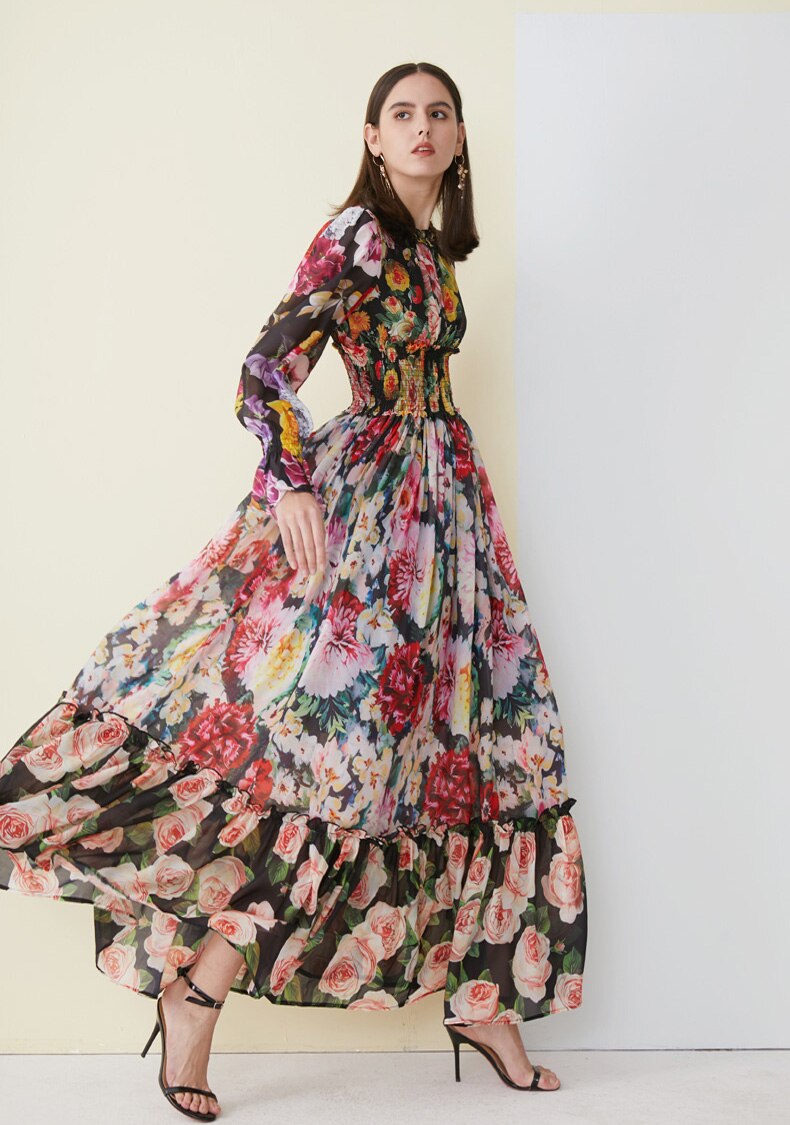 Floral Ruffled Elegant Holiday Maxi Dress