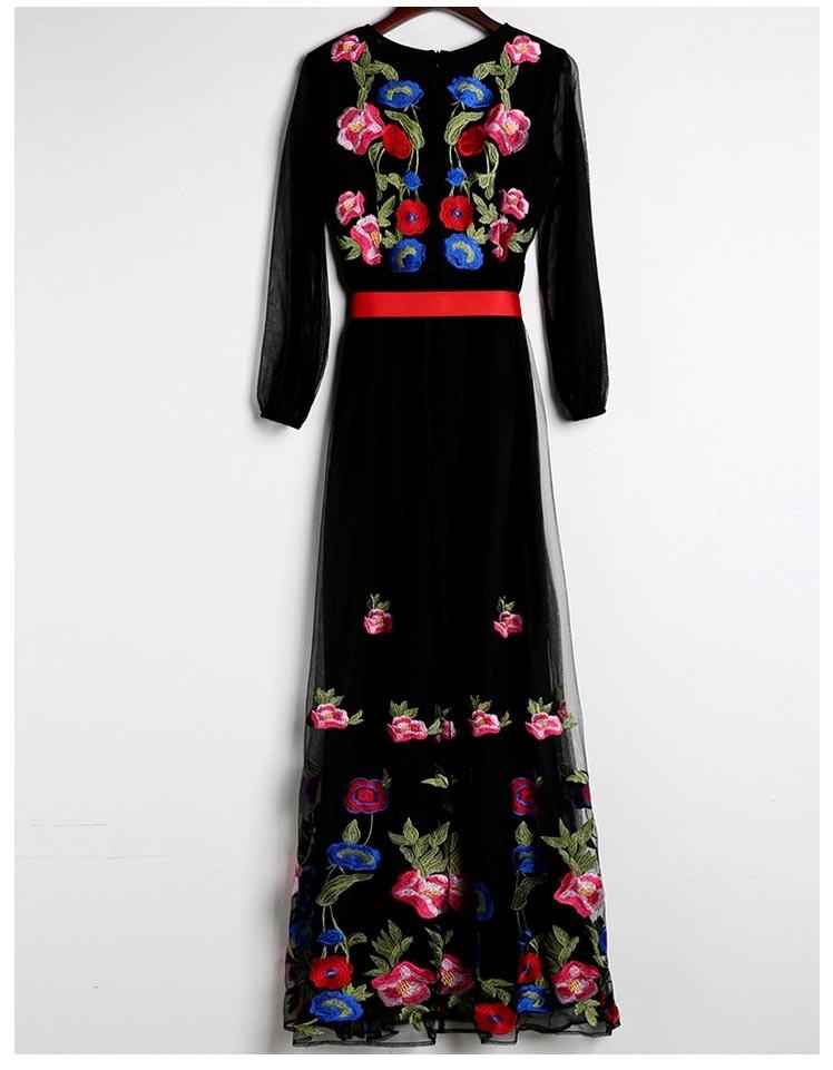 Floral Embroidered Belted Long Maxi Dress