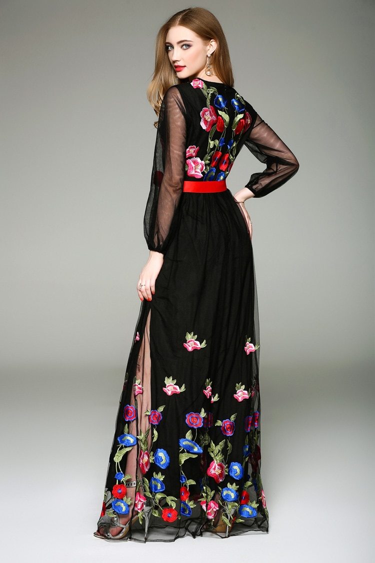 Floral Embroidered Belted Long Maxi Dress