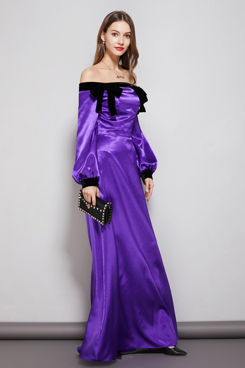 Bow Detail Long Sleeve Graceful Maxi Party Dress