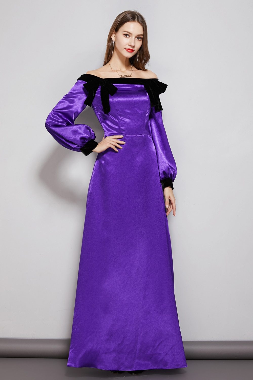 Bow Detail Long Sleeve Graceful Maxi Party Dress