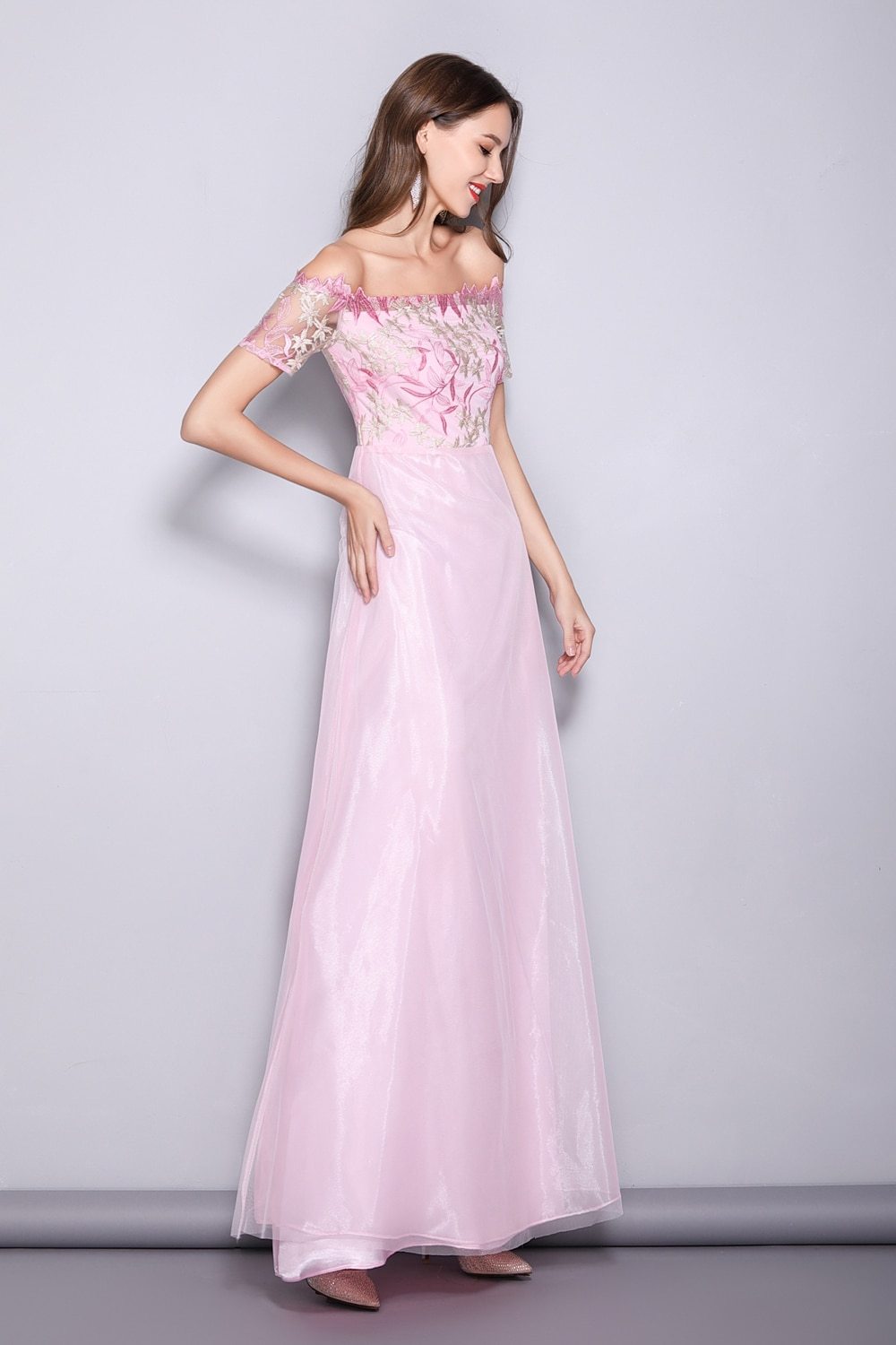 Slash Neck Embroidered Patchwork Elegant Party Dress