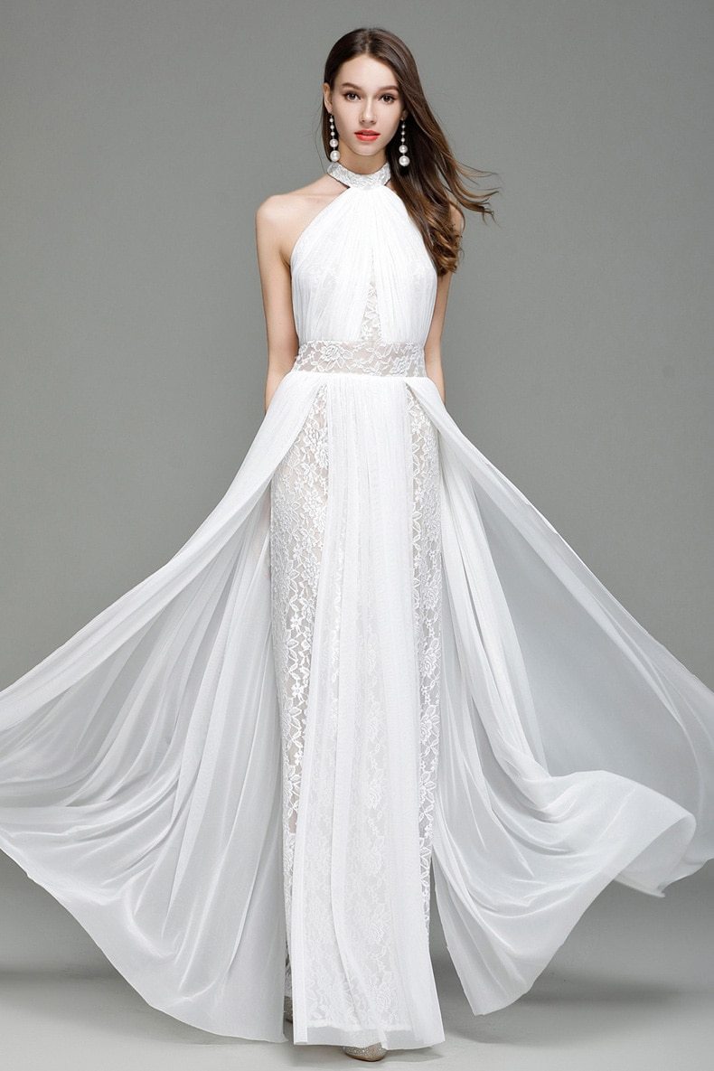 Halter Sleeveless Embroidered Lace Open Back Long Party Dress