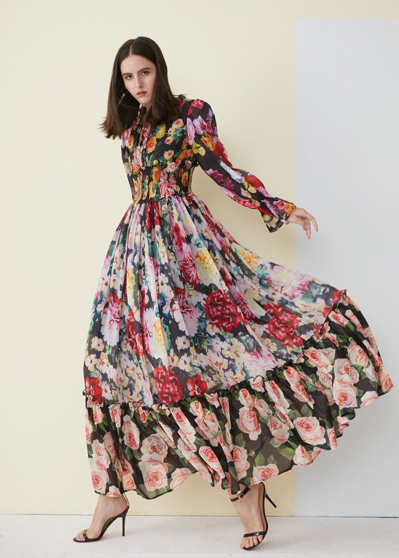 Floral Ruffled Elegant Holiday Maxi Dress