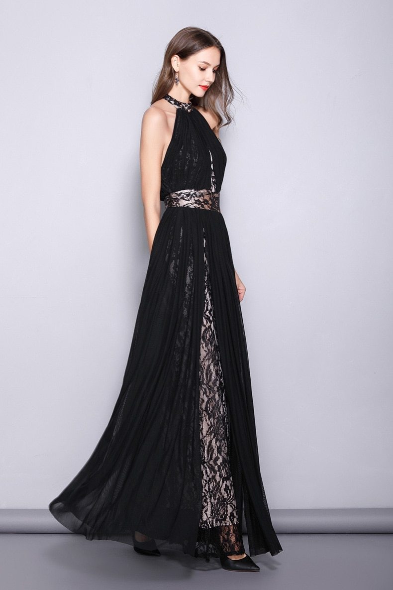 Halter Sleeveless Embroidered Lace Open Back Long Party Dress
