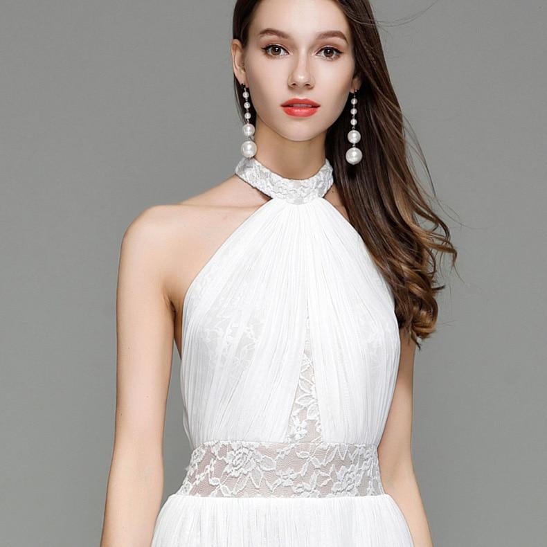 Halter Sleeveless Embroidered Lace Open Back Long Party Dress