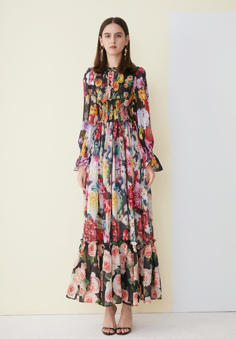 Floral Ruffled Elegant Holiday Maxi Dress