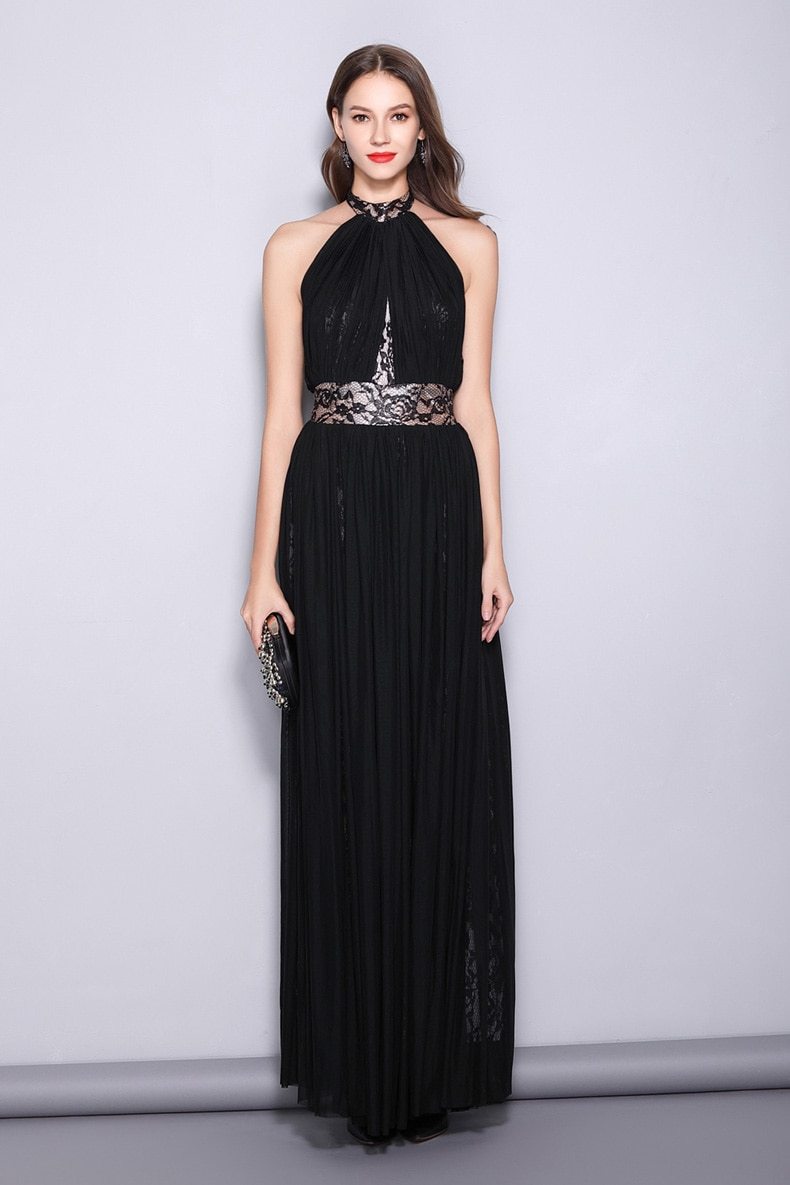 Halter Sleeveless Embroidered Lace Open Back Long Party Dress