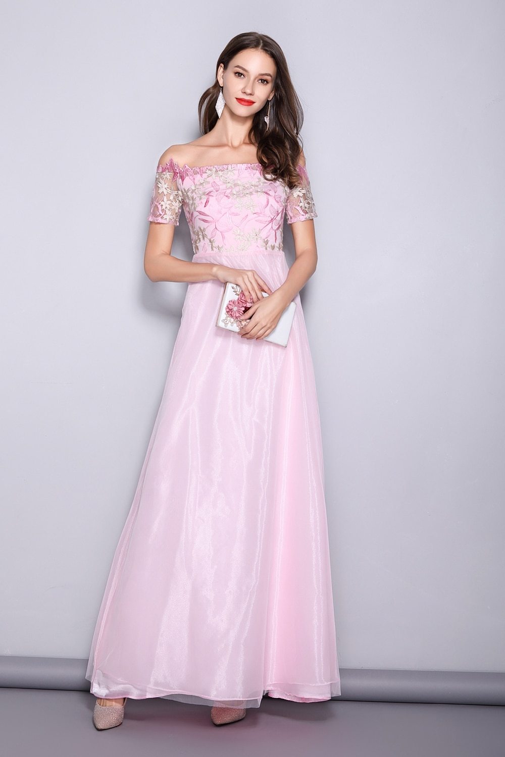 Slash Neck Embroidered Patchwork Elegant Party Dress