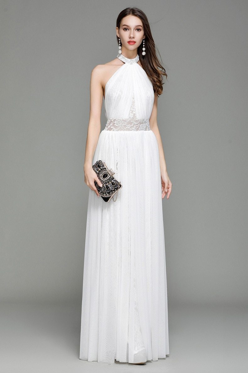Halter Sleeveless Embroidered Lace Open Back Long Party Dress