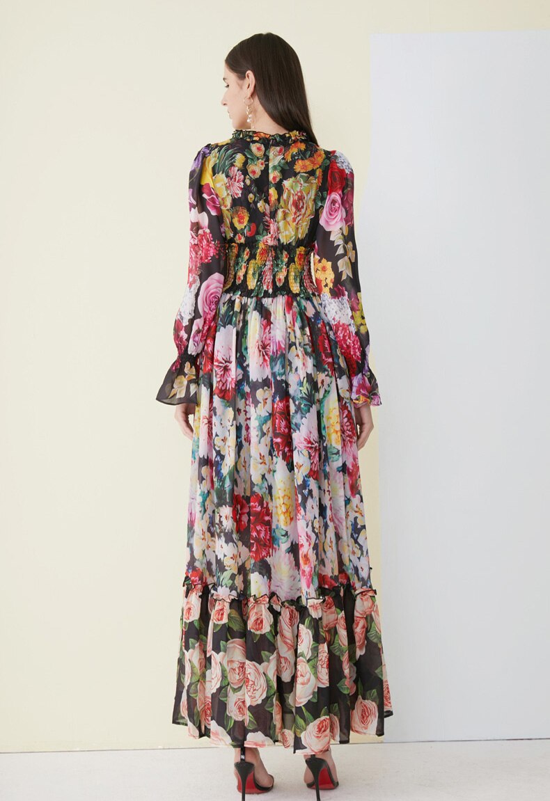 Floral Ruffled Elegant Holiday Maxi Dress