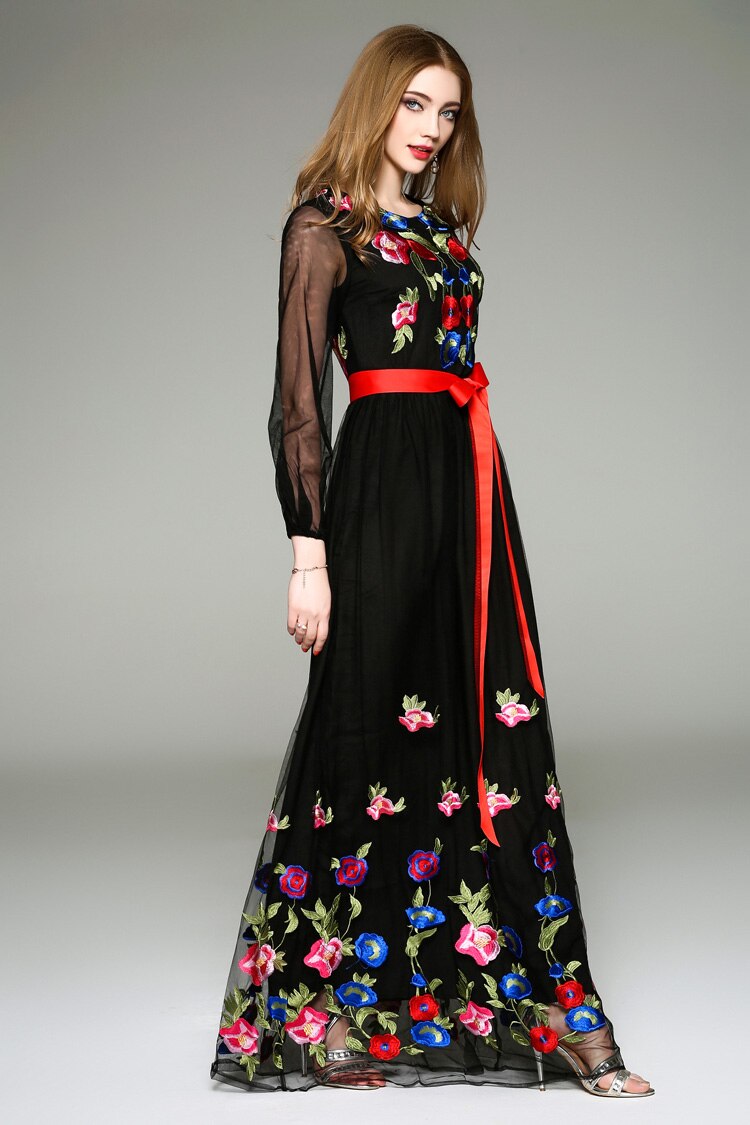 Floral Embroidered Belted Long Maxi Dress