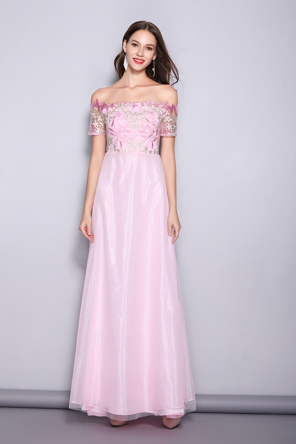 Slash Neck Embroidered Patchwork Elegant Party Dress